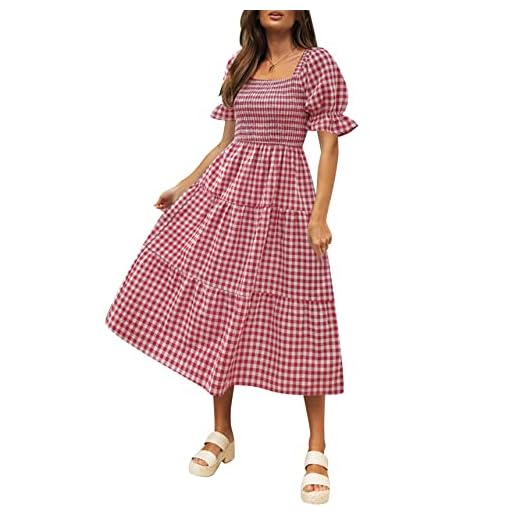 ZESICA Women's 2023 Bohemian Summer Plaid Square Neck Puff Sleeve Ruffle Flowy Beach Midi Dress,Red,Large