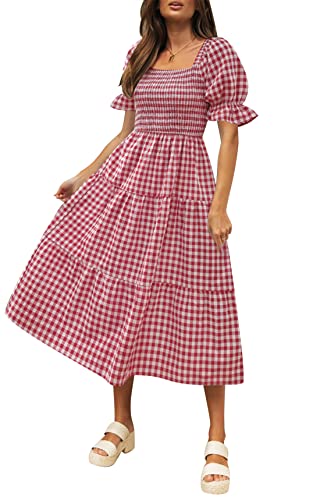 Image of ZESICA Women's 2026 Boho Summer Dresses Gingham Puff Sleeve Square Neck Flowy Beach Midi Dress