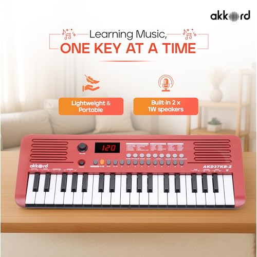 Image of Akkord 37 Keys Music Keyboard - Red Edition | 20 Rhythms, 10 Tones & 10 Demos, LED Display, Portable Beginner Piano Compatible | Kids, Beginner Keyboard with USB-C Cable (Without Adapter and MIDI)