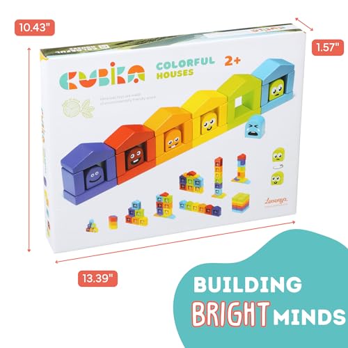 Image of CUBIKA Wooden Construction Set Colorful Houses - 24-Piece Construction Play Set with Emotion Characters for Toddlers 2+- Montessori Toy for Creativity, Cognitive Development, and Emotion Recognition
