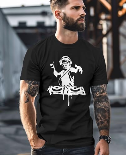 Neverless® Camiseta para hombre, diseño de perezoso Techno DJ, diseño de música rave, festival, concierto, camiseta moderna, Bruce Lee Dj Negro, XXXL