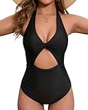 Dipinon Women's One Piece Swimsuits Tummy Control Cutout High Waisted Bathing Suit Wrap Tie Back V Neck Swimwear Black M