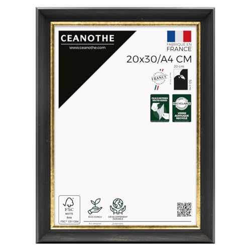 Ceanothe Cadre Photo 20x30 cm/A4 Noir Finition Doré Convient au A4 Style Baroque Elegant Noble Collection Pandore en Bois FSC Verre acrylique Incassable Fabriqué en France