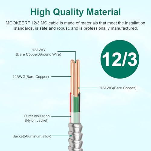 Image of MOOKEERF 12 /3 MC Cable with Ground - 100FT Pure Copper 12AWG /3 Metal Clad Wire with Aluminum Armor 12 Gauge 3 Conductor Type MC Alum Cable