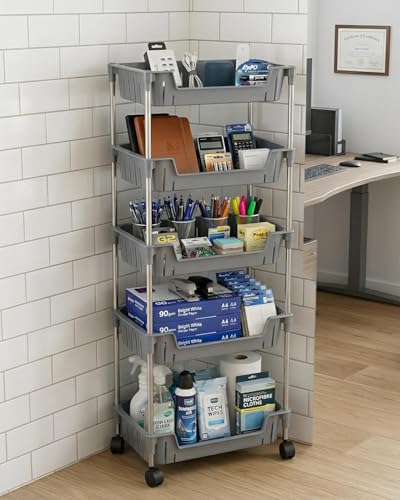 Image of JD FRESH 5-Tier Multi Storage Rack for Home & Kitchen /360-Degree Rotating Wheels with Breathable Kitchen Shelf Storage Rack /Plastic Rolling Cart for Kitchen, Bathroom, Office & Living Room (Grey)