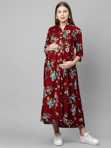 Image of MomToBe Women's Rayon Maternity Dress /Pregnancy Dress /Easy Breast Feeding /Breastfeeding Dress /Western Dress with Zippers for Nursing Pre and Post Pregnancy