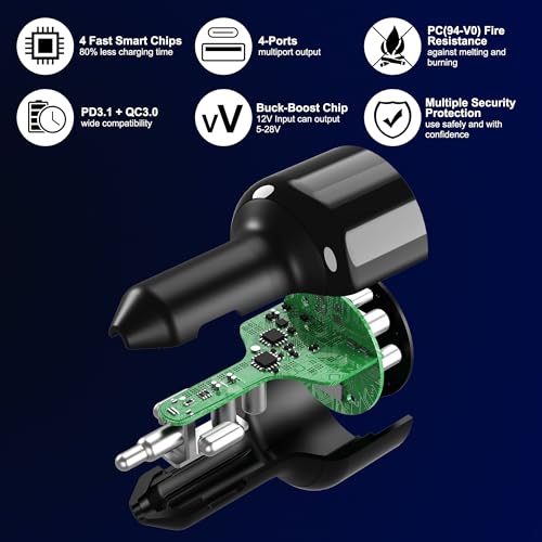 Image of 240W USB C Car Charger, Super Fast Charging 4-Ports PD3.1 140W /PD3.0 100W PPS 45W QC65W Type-C Car Adapter for MacBook Pro Laptop iPhone 16 15 Max iPad Samsung Galaxy S24 /23 Pixel etc