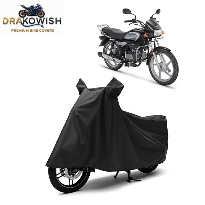 Image of DRAKOWISH Waterproof Bike Cover for Hero Splendor Plus | All Weather Protection from Rain, Dust, UV Rays & Scratches with Mirror Pockets & Buckle Belt | Splendor Plus Bike Cover