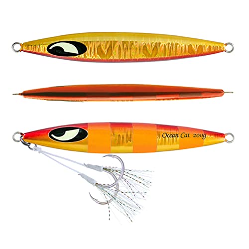 OCEAN CAT Slow Fall Fishing Luers Mental Lead Jigging Sea Baits Flat Hooks 5 Colors 5 Weights (Red&Gold, 2 5/6oz(80g))