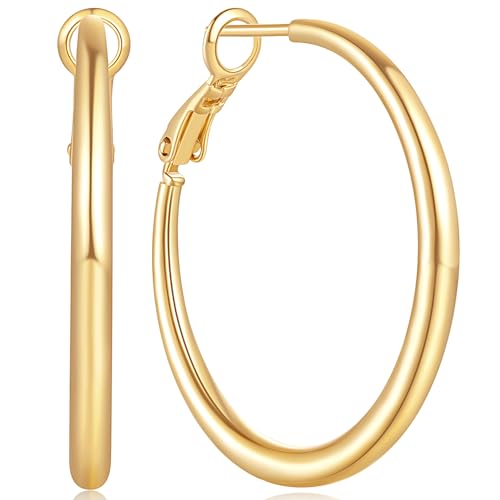 AMELINE 14K Gold Earrings for Women, Shiny Gold Hoops, Small Hoop Earrings for Women Trendy, Hypoallergenic Thicker Gold Hoop Earring, Well-polished Finish 30mm