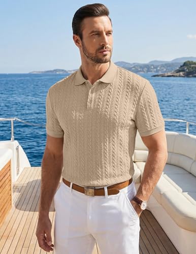 Image of JMIERR Men's Casual Polo Shirt Knitted Textured Short Sleeve Stretch Golf Shirt Summer Vacation Beach Collared Shirts