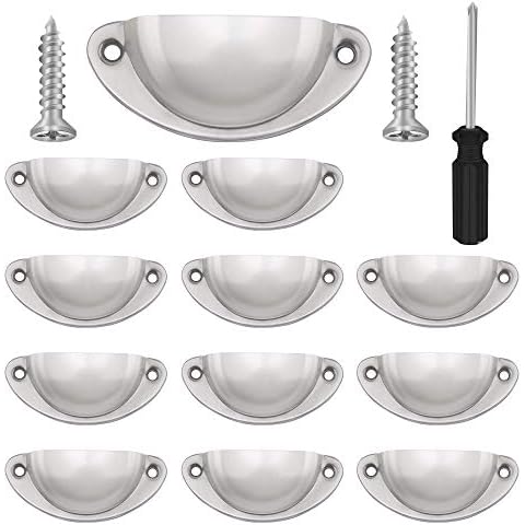 Vandicka 12 Pcs Silver Half Moon Shell Cup Pull Handles for Cabinet Cupboard Dresser Wardrobe Drawer with Screws & Screwdriver, 65mm Hole Centre, Polished Nickel Cover