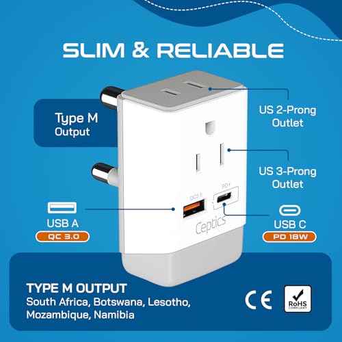 Image of Ceptics South Africa Power Plug Adapter Travel QC 3.0 & PD, Safe Dual USB & USB-C - 2 USA Socket Compact & Powerful - Use in S. Africa Botswana - Type M AP-10L - Fast Charging