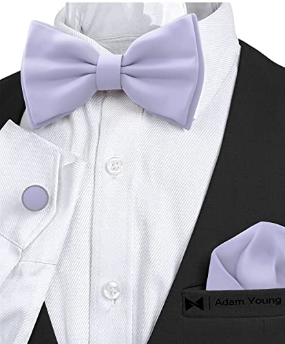 Image of Adam Young Men's Bow Ties with Handkerchief & Cufflinks Pre-Tied Style Formal Satin Classic Bowtie for Tuxedo Faux Silk