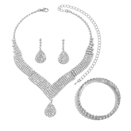XFSRG 3 Pièces Parure Bijoux Femme Ensemble Collier Boucles d'Oreilles et Bracelet en Strass Élégance Parures Accessoires pour Robe de Soirée de Mariage...