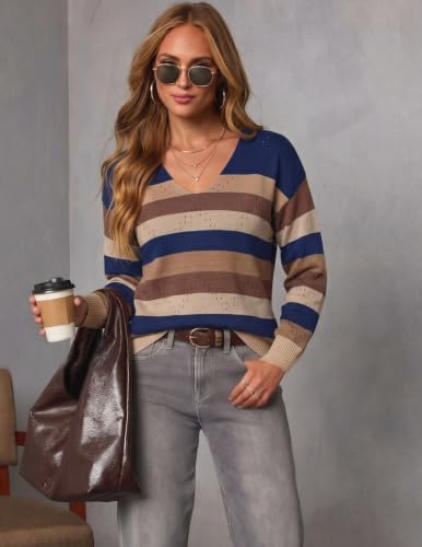 Image of Zeagoo Womens Sweaters Fall Trendy Casual Long Sleeve Shirt Lightweight V Neck Off Shoulder Crochet Pullover Top Outfit