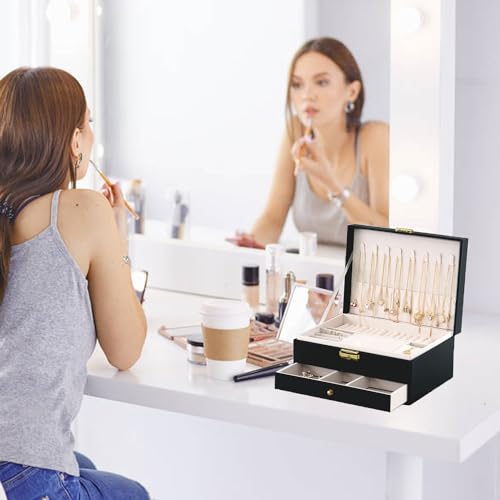 Jewelry Box for Women Girl Wife - Large PU Leather Jewelry Organizer Storage Case with Two Layers Display for Earrings Bracelets Rings Watches (Black)4
