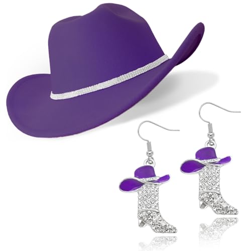 Aswitnove Cowboy Hat Rhinestone Cowgirl Boots Earrings Set Western Earring Felt Fedora Jazz Hat Rodeo Outfit for Women Size M Purple