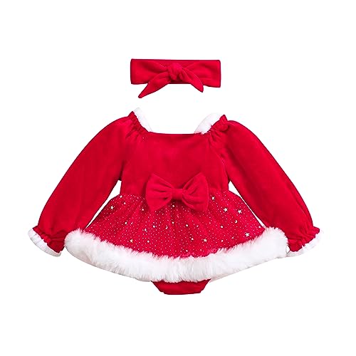 YINGISFITM My First Christmas Baby Girl Outfit Newborn Furry Santa Outfit Cute Red Christmas Dress Romper Xmas Clothes (Square Neck Dress, 6-12 Months)