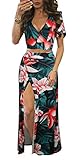 Aro Lora Women's Sexy V Neck Floral Printed Side Slit Two-Piece Maxi Dress Large Dark Green