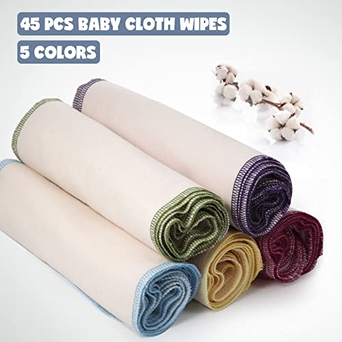 Mimorou 45 Pcs Flannel Cloth Baby Wipes Reusable Baby Diapers Wipes Washable Natural Unbleached Baby Face Wipes Soft and Sturdy Cloth Wipes 5 Colors Outer Stitching 8 x 8 Inches, 1.0 Count - Image 4
