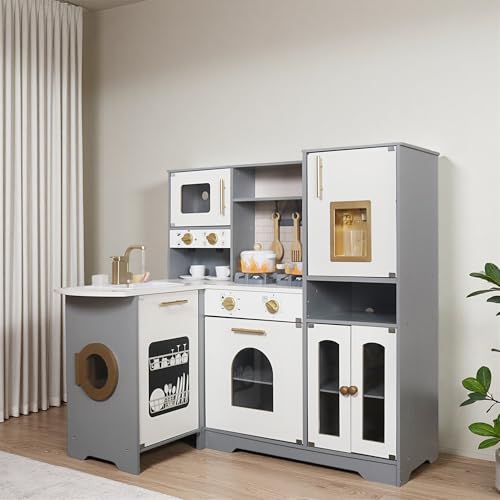 Large Wooden Corner Toy Kitchen Playsets with Real Running Water, 2 in 1 Water Dispenser with Ice Maker, Play Stove with Light and Sounds for Toddlers, Preschoolers, Children Age 3+ Years