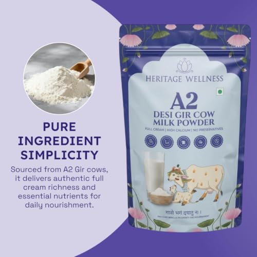 Image of Heritage Wellness A2 Gir Cow Milk Powder 450gm Pack - Premium A2 Gir Cow Milk Powder for Whole Milk Experience - Rich Full Cream - Ideal for Beverages - Nutrient-Rich and Delicious