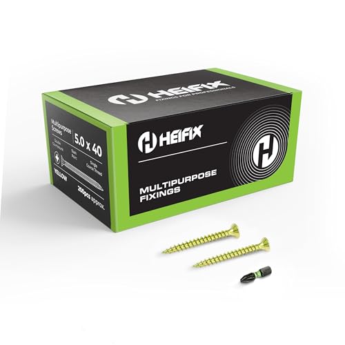 Heifix Multi-Purpose Wood Screws - FREE Screw Bit Included (QTY 200, 5mm x 40mm) Pozi Double Countersunk