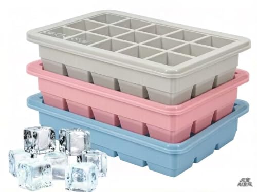 Silicone Ice Cube Trays 3Packs, Easy Release Ice Cube Molds with Lid, Freezer Stackable Ice Maker for Whiskey, Baby Food, BPA Free (Blue+Grey+Pink)