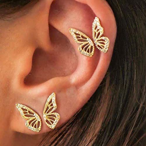 Luxval Butterfly Wing Earrings (A Pair), 18K Gold Plated Cz Butterfly Studs, Half Butterfly Studs, Sparkly Butterfly Earrings, Tiny Cartilage Earring For Women #TOP3