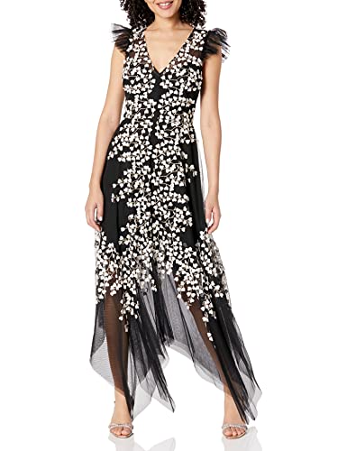 BCBGMAXAZRIA Women's Fit and Flare Evening Gown with Flutter Sleeve and Ruffles
