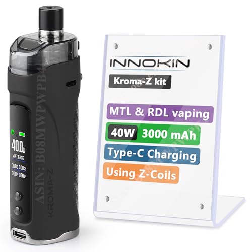 Innokin Kroma-Z Pod Mod, E Cigarette Vape Starter Kit 40W 3000mAh Electronic Vaporizer with Z-Coils, 2ml Tank Airflow Control Vaping, LCD Screen Auto-Wattage USB Type-C Fast Charge, No Nicotine, Black Innokin Kroma-Z Pod Mod, E Cigarette Vape Starter Kit 40W 3000mAh Electronic Vaporizer with Z-Coils, 2ml Tank Airflow Control Vaping, LCD Screen Auto-Wattage USB Type-C Fast Charge, No Nicotine, Black