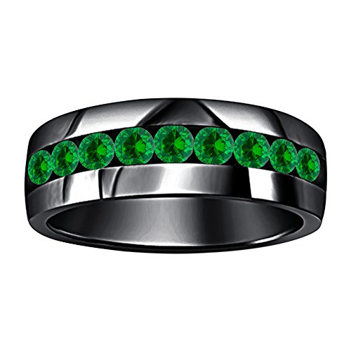14K Black Gold Plated .925 Sterling Silver Ring, 9 Round Cut Created Green Emerald Stones Band Gold Plated Jewelry Ring for Men