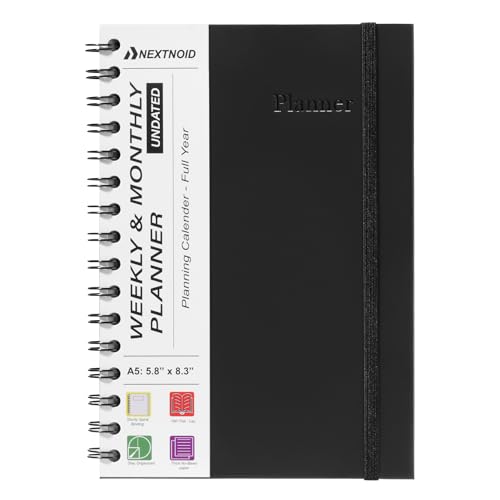 Undated Monthly and Weekly Planner - 12 Month Calendar Planner Notebook with Week Days - Hardcover Undated Planners Blank Agenda Book - A5 Black
