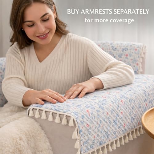 Image of STITCHNEST Quilted Velvet Sofa Cover with Tassels - 70x60 Inch, Blue Floral Print on Ivory Base, Soft & Elegant, Washable Sofa Protector for 3-Seater