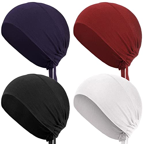 4 Pieces Women Hijab Caps Underscarf Turban Caps Skull Caps Soft Beanie Sleep Hats for Long Hair Men Women (Black, White, Red, Blue)