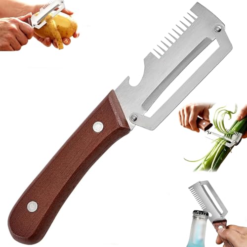 2-in-1 Premium Vegetable Peeler with Wooden Handle & Bottle Opener Stainless Steel Kitchen Tool for Thick & Thin Skin Peeling Works on Apple Potato Pumpkin Papaya Zucchini