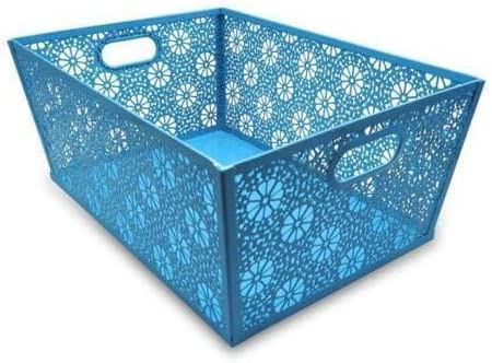 ARA CHOICE Modern Rectangle Metal Floral Mesh Storage Basket Tray Bin Laundry Grip Handles for Store Office Paper Sheet, Bathroom Accessories Easy to Use with Attractive Colorful Looks (TURQUOISE)