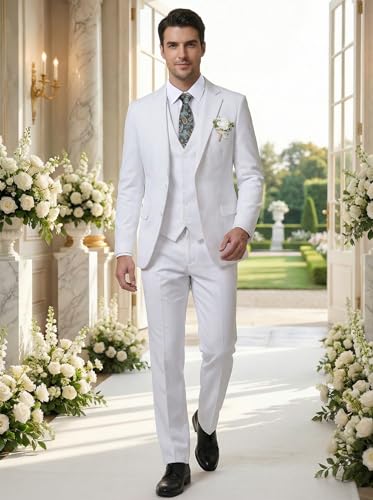 Image of Men's 3 Piece Slim Fit Suit Set, Two Button Blazer Solid Jacket Vest Pants Wedding Business Suit