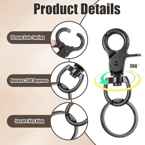 JIEYAO 6 Stück Karabinerhaken mit Drehgelenk,Zinklegierung Karabiner Hundeleine mit Schlüsselanhänger Robust Scherenkarabiner Wirbelkarabiner Schwarz Bolzenkarabiner für Hundeleine Schlüssel Gepäck