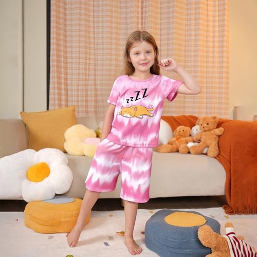 Image of LQSZ Girls Pajamas Set with Pocket Toddler Kids Short Sleeve Sleepwear 3-14Y Pjs Set