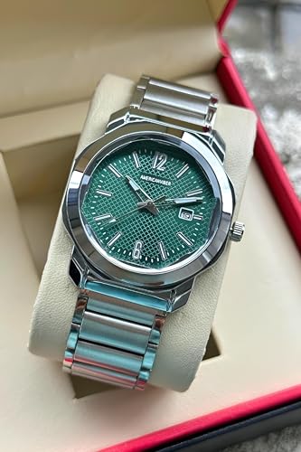 Image of AMERICANVIBER Men's Stainless Steel Watch, White Textured Dial, Analog Quartz Movement, Date Display, Water-Resistant, Silver Tone Bracelet for Men