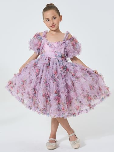 2Bunnies Girls' Tiered 3D Floral Ruffled Tulle Off Shoulder Puff Sleeve Sweetheart Neckline Dress2