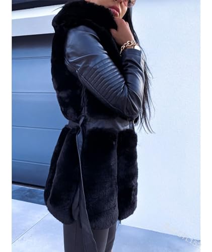 Sexyshine Women's Faux Fur Jacket Faux Leather Shearling fleece Fur Lined Coat Zipper Up Hooded Parka Overcoat with Belt2
