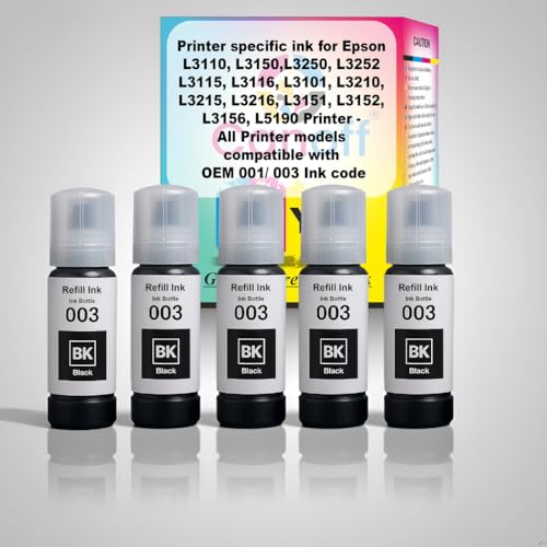 Image of CANOFF 003 Refill Ink Bottle Compatible for Epson L3110,L3150,L3250,L3252,L3115,L3116 Ink Tank Printers - High Yield,Long-Lasting,Easy to Refill Ink for Smooth Printing (003 Black Pack of 5pc.)