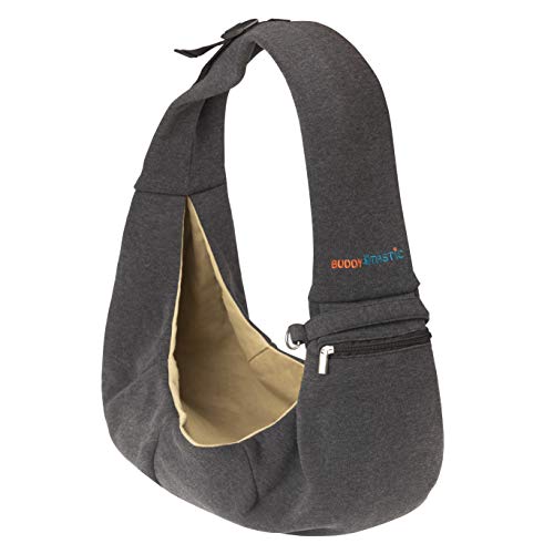 BUDDY TASTIC Pet Sling Carrier - Reversible and Hands-Free Dog Bag with Adjustable Strap and Pocket - Soft Puppy Sling for Pets up to 13 lbs (Black/Beige)