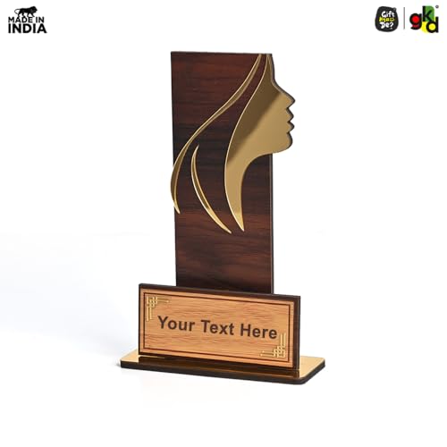 Image of GKD Personalized Wooden Women's Trophy - Printed Custom Name & Message | Female Achievement Award, Corporate Recognition, Leadership Memento (Wood)