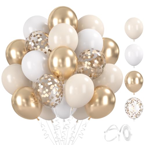 BlooMoo 60 Stück Luftballons Beige Weiß 12 Zoll Latex Luftballons Champagner Gold Metallic Ballons und Konfetti Ballons Set für Geburtstag Hochzeit Babyparty Party Dekoration
