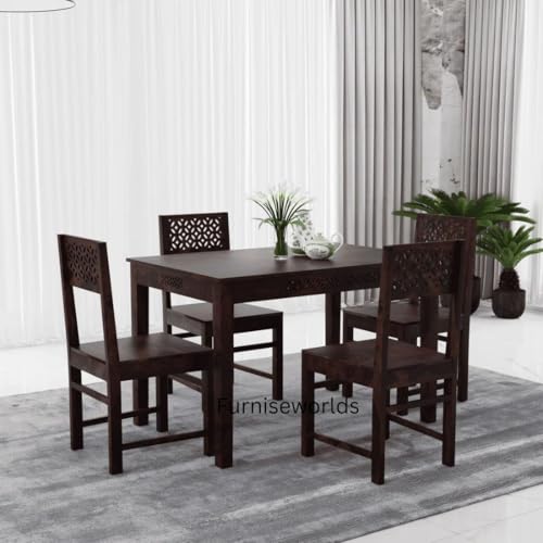 Image of Dining Table 4 Seater with Chairs | Sheesham Wooden Four Seater Dinning Table with 4 Chairs for livingroom Restaurant | Dinner Table 4 Seater | Dining Room Set
