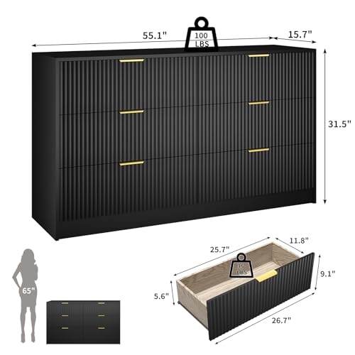 Image of Black Dresser with 6 Deep Drawers, 55 inch Wide Fluted Dresser for Bedroom with Gold Handle, Modern Chest of Drawer for Closet, Bedroom, Living Room, Black